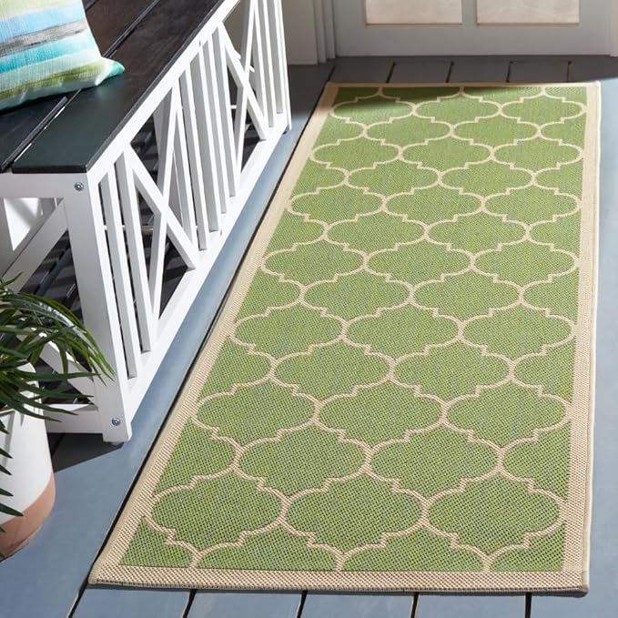 SAFAVIEH Washable Rug Outdoor Courtyard Collection - 2'3" x 10' Runner, Green & Beige, Non-Shedding & Easy Cleaning, Ideal for Patio, Entryway, Mudroom, Hallway, Kitchen (CY6914-244)