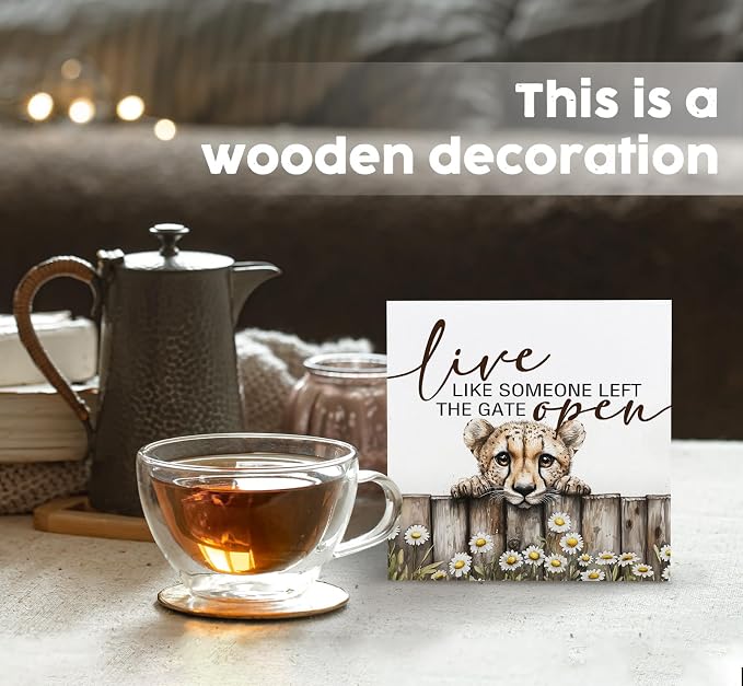 Nursery Cheetah Wooden Box Sign, Cute Live Like Someone Left the Gate Open Wooden Signs for Home Decor,Funny Animal Kitchen Bedroom Decor,Cheetah Gifts for Kids Boys Girls, 5x5