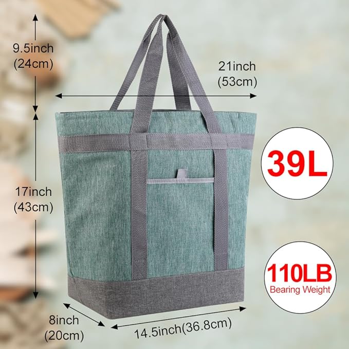 mosago Insulated Food Delivery Bag, 4-Layer Thermal Cooler Bag for Travel & Picnic, Large 39L Grocery Tote for Women/Men, Leak-Resistant Commercial Catering Bag for Pizza & Hot/Cold Food, Green