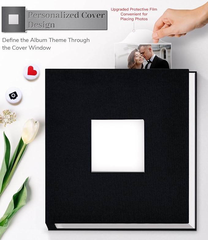 Photo Album Self Adhesive Scrapbook Album for 3x5 4x6 5x7 8x10 Pictures,120 Pages Linen Cover with Display Window DIY Photo Book,Ideal Gifts for Family Travel Wedding Baby