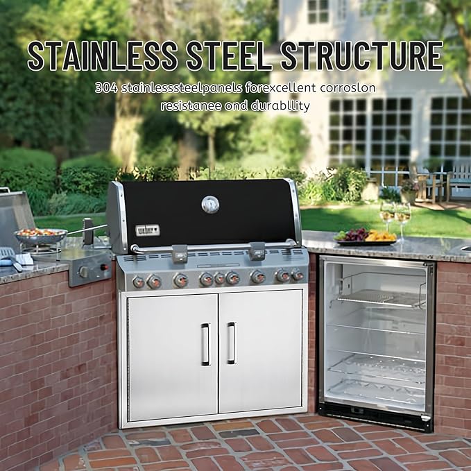 Stainless Steel Outdoor Kitchen Cabinet, Double Door Dry Storage Pantry for BBQ Island, Patio Grill Station, 30" W x 21" H x 21" D