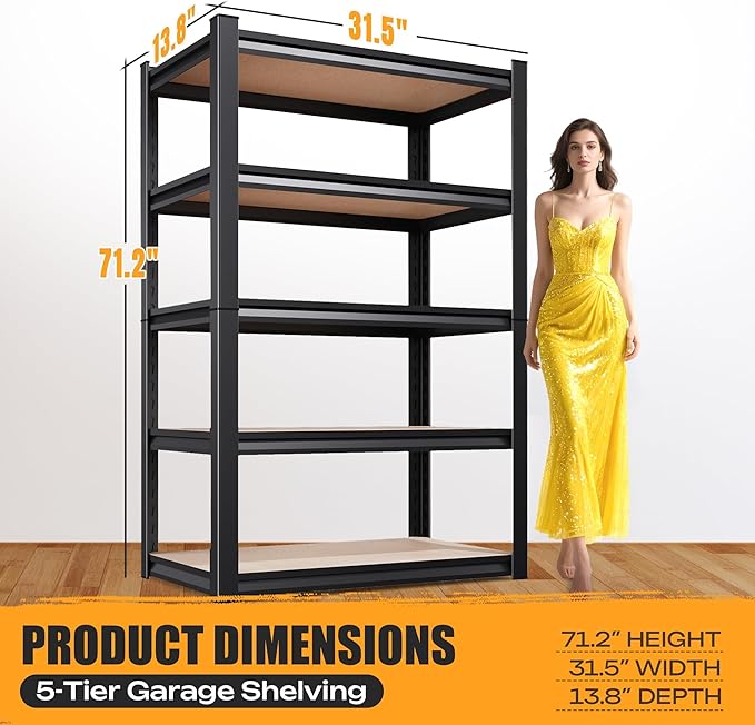 Set of 2 Heavy Duty Garage Shelving, Metal Adjustable Shelving Unit, Utility Garage Organizer Shelf for Basement, Pantry, Kitchen, Warehouse, 13.8''Dx31.5''Wx71.2''H, Black