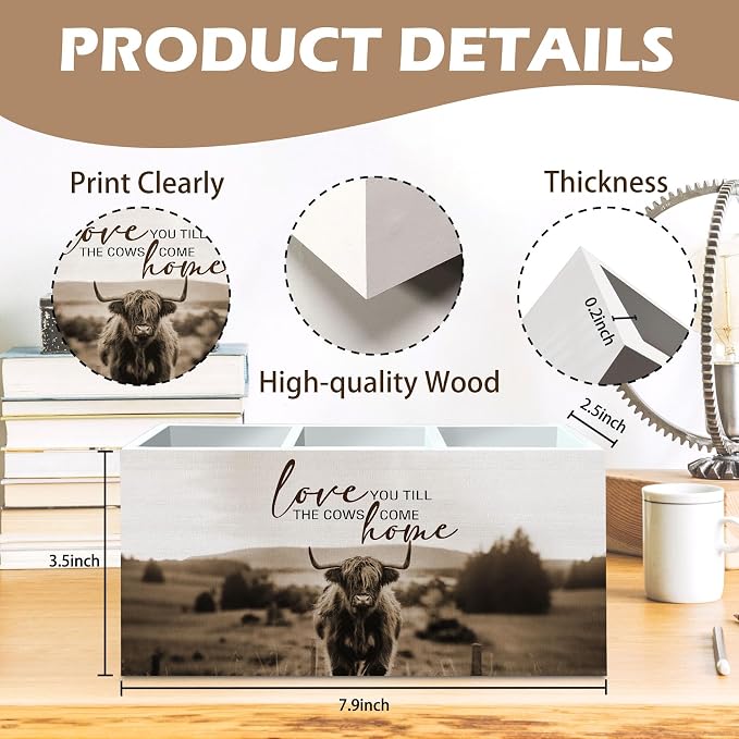 DILSJ Western Highland Cow Pen Pencil Holder Organizer for Desk, Highland Cow Gifts, Rustic Farmhouse I Will Love You Till the Cows Come Home Wooden Box Signs for Home Office Desk Tabletop Decoration