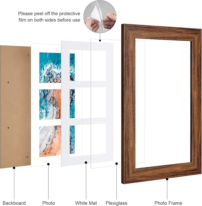 8x14 Picture Frame Display 3 opening 4X6 Picture Frame Collage,Multi Photo Frame with Mat,Plexiglass,Wall Hanging Decor,Carbonized Brown Wood Grain