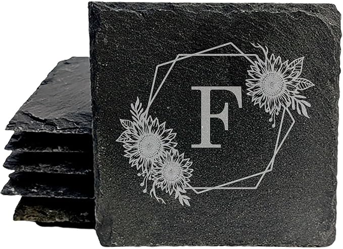 Personalized Monogram Family Coasters, Natural Stone Set, Birthday, Wedding, Customized, Rustic - Square Slate - Set of 6