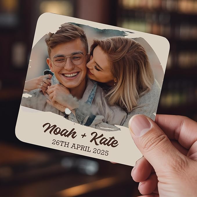 100 Pack Personalized Wedding Coasters, Custom Cardboard Coasters for Drinks with Photo Print and Text, Keepsake Wedding Favors and Gifts for Couples, 4x4 Square, Design 3