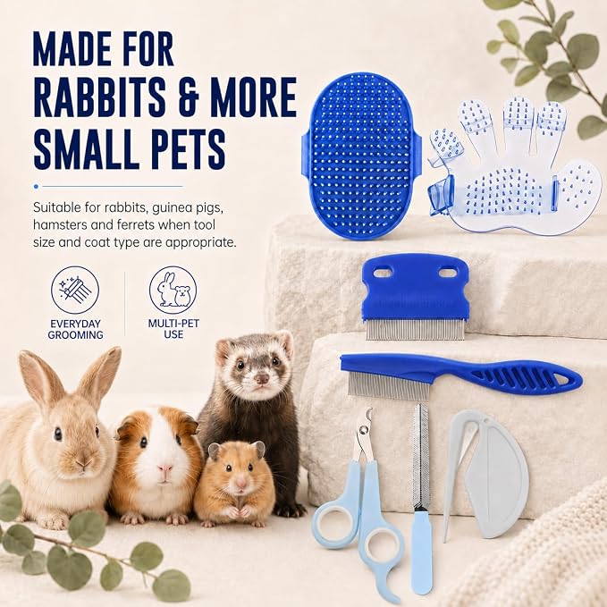 Rabbit Grooming Kit, 7-Piece Bunny Brush and Nail Care, Blue | 7 tools for loose fur, combing, light tangles and nail care; for rabbits, guinea pigs, hamsters and ferrets