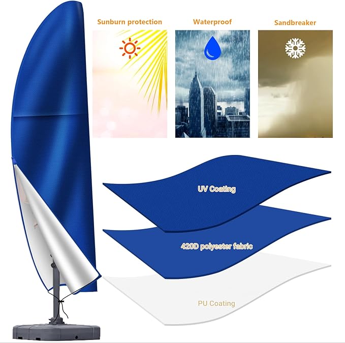 Patio Cantilever Umbrella Covers for Outdoor: Waterproof Offset Umbrella Cover Banana Style with Zipper fits 9FT to 14FT, Blue