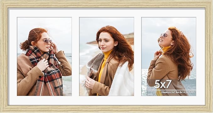 8x16 Collage Picture Frame 5x7 Collage Picture Frame Displays Three 5x7 inch Photos or 8x16 (Without Mat) for Available Horizontal Wall Mounting Display and Vertical Wood Color