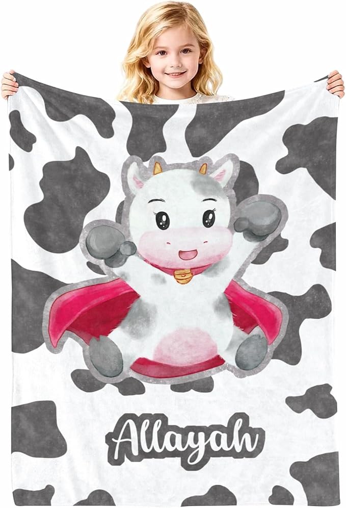 Personalized Baby Blankets for Girls Boys, Custom Cow Print Blanket for Baby Kids, Customized Cow Blanket with Name Super Soft, 30"x 40"