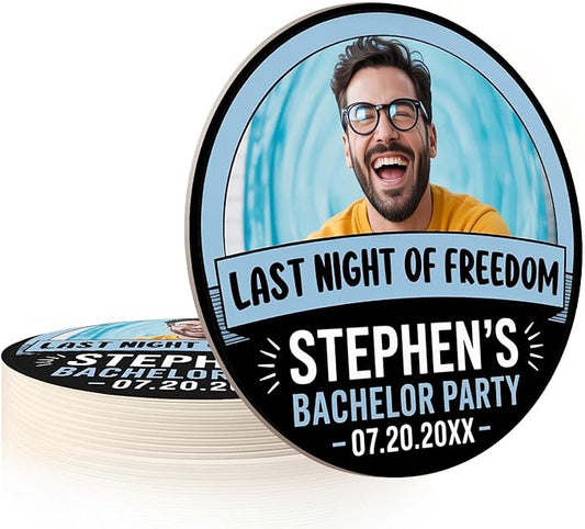 10 Pack Personalized Bachelor Party Coasters, Custom Cardboard Drink Coasters with Photo Print and Text, Fun Bachelor Party Favors and Gifts, 3.95" Round, Design 3