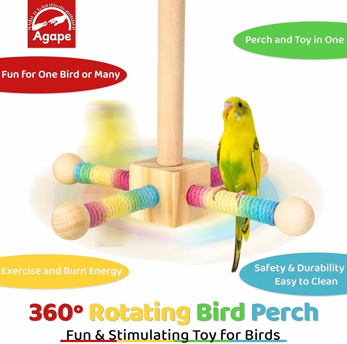 Agape 360° Rotating Bird Perch Stand, Wooden Parrot Exercise Toy | Bird Cage Accessory for Small-Medium Birds: Parakeets, Cockatiels, Lovebirds, Conures, Finches, Budgies, Parrotlets, Quakers