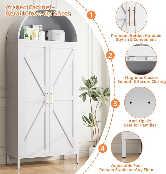 Metal Arched Pantry Cabinet with 6 Adjustable Shelves, Farmhouse Tall Arched Cabinet with 2 Doors for Kitchen，Living Room,White, Assemble Required,15.4" D x 30.7" W x 72.8" H