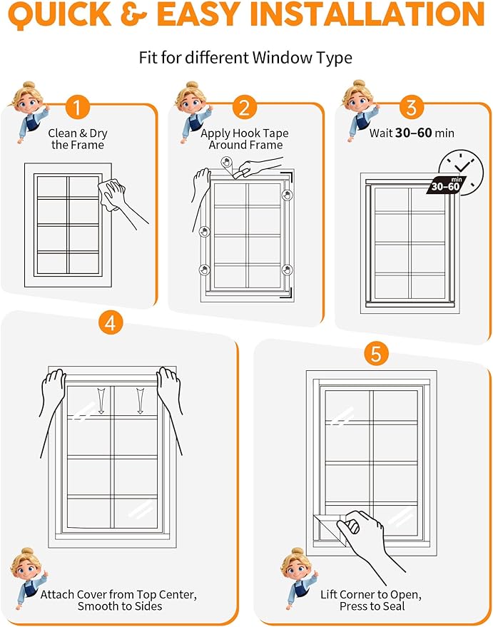 Ready-to-Install Plastic Window Insulation Film 47″×63″ (Fits 44″×60″ Windows), Reusable Clear Draft Protection Thermal Insulated Window Cover with Built-in Hook & Loop Edge, No Cutting or Messy Tape