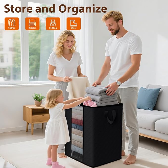 SpaceWhisper 4 Pack 100L Clothes Storage, Foldable Thick Fabric Blanket Storage Bags, Containers for Organizing Bedroom, Closet, Clothing, Comforter,Closet Organization with Handle,Black