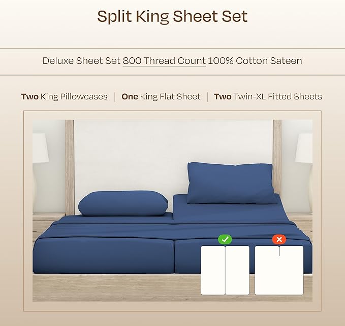California Design Den Split King Sheets Sets for Adjustable Bed - Luxury Hotel 800 Thread Count Sateen, Natural 100% Cotton Bed Sheets, Deep Pockets & Durable Bedding Set - Navy Blue
