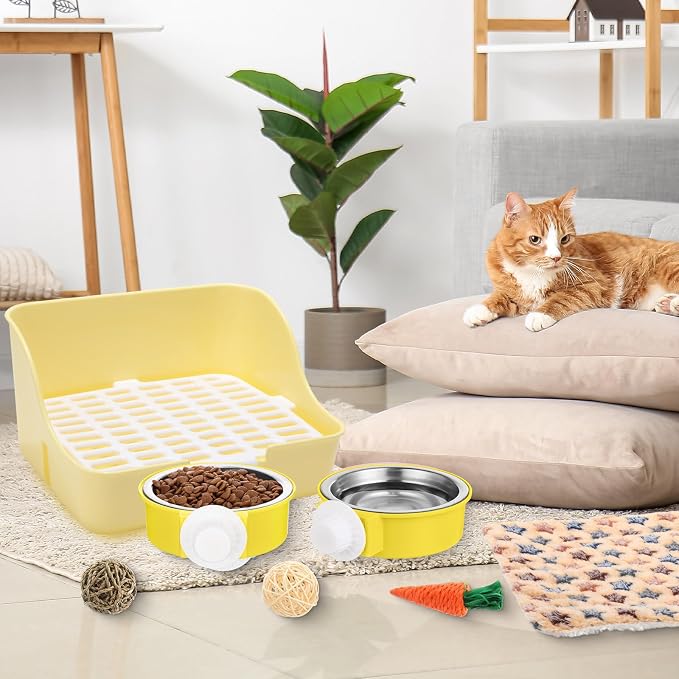 Reallnaive 15 Pcs Rabbit Starter Kit Small Rabbit Litter Box Girls Gift Animal Grooming Kit Bunny Toys Bowl Blankets with Cleaning Set for Guinea Pig Accessories(Blue)