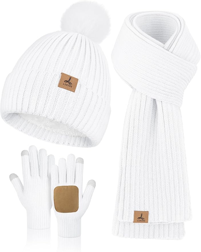LOROME Women Winter Beanie Hat Scarf Gloves Set, Fleece Knitted Pompom Hat Warm Neck Scarf Touchscreen Gloves Winter Gift