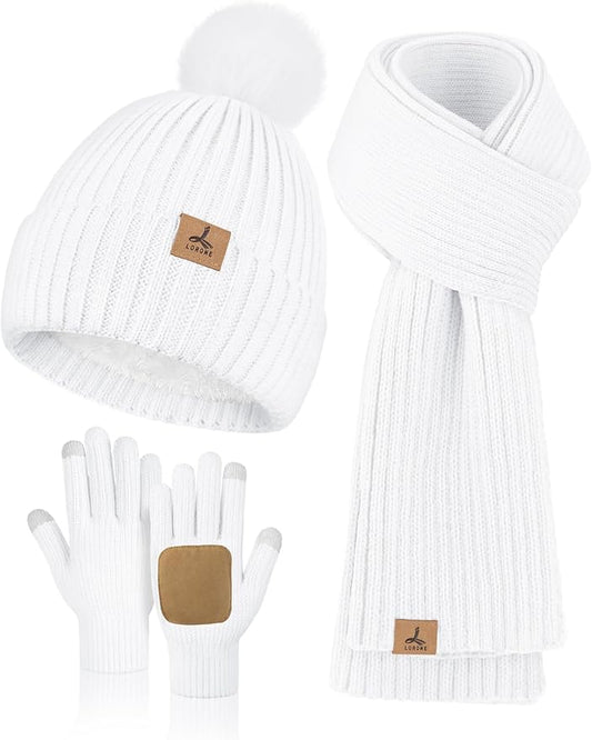 LOROME Women Winter Beanie Hat Scarf Gloves Set, Fleece Knitted Pompom Hat Warm Neck Scarf Touchscreen Gloves Winter Gift