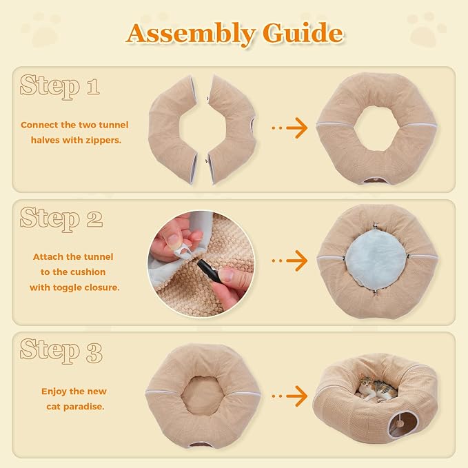 PEQULTI Beige Donut Cat Tunnel Bed Washable Plush Mat Multi for Small Pets | Round play tube with soft detachable plush mat, multi-pet toy fit indoor cats, kittens, puppies, rabbits and ferrets