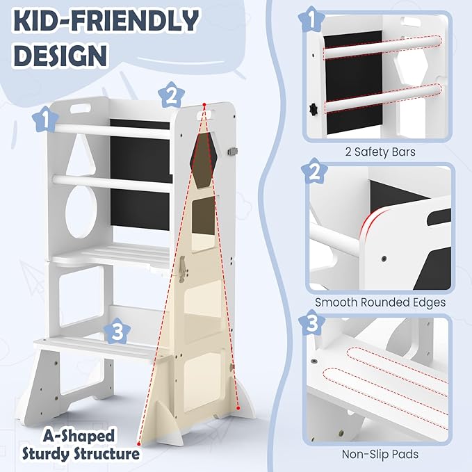 Woodure 4 in-1 Toddler Kitchen Step Stool, Foldable Learning Standing Tower with Blackboard, Wooden Kitchen Stool Helper for Kids, 1-3 Year Old Boy Girl Gifts - White