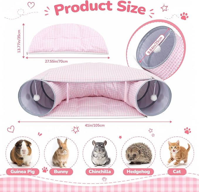 Bunny Tunnel Bed, 2-in-1 Collapsible Rabbit Guinea Pig Hideout, Pink | Removable Mat, Small Animal Tubes, Pet Rest Play Toy Indoor for Cats Kittens Rabbits Bunnies Ferret