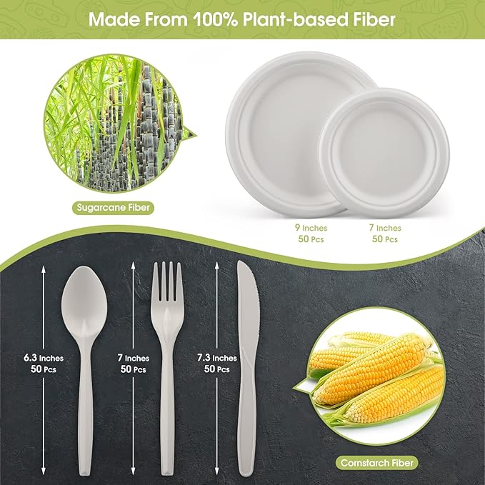 Fuyit 250Pcs Compostable Paper Plates with Cutlery Set, Disposable Biodegradable LONG Utensil Eco-Friendly Dinnerware Includes Plates, Fork, Knife & Spoon for Party, Camping, Picnic (White)