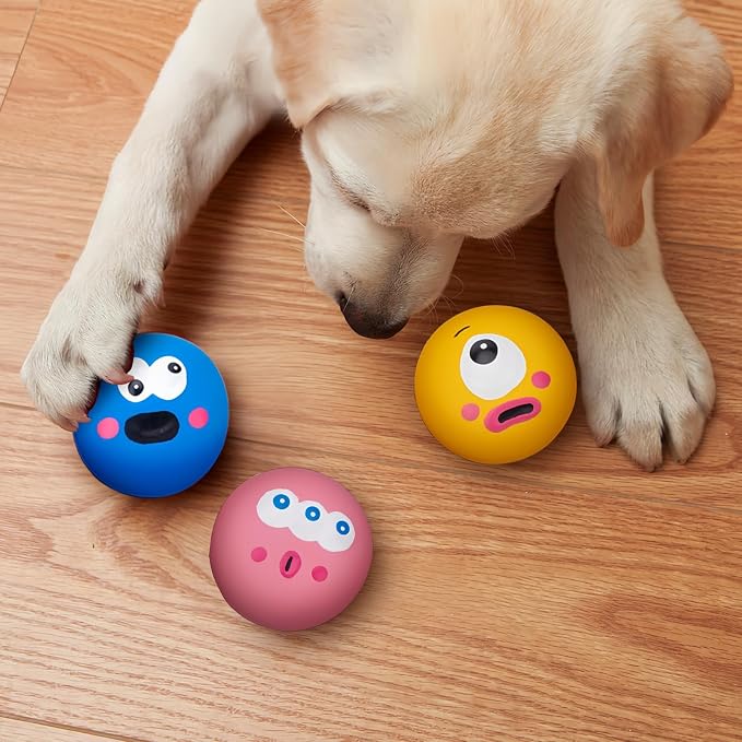 BESNEW Natural Rubber Squeaker Toys for Ferret,High Elasticity Ferret Latex Squeaker Balls 3 Pack,Tough Teething Toys Big Eyes Printed Toy Ball for Small Dogs,Easy to Clean