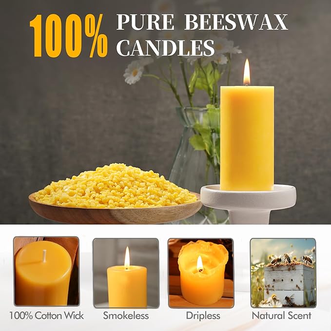 Beeswax Pillar Candles Set of 2,70 Hours Long Burning,100% Natural Beeswax Candles for Emergency,Pure Bees Wax for Home, Beeswax Candles Bulk for Relax, Smokeless & Dripless