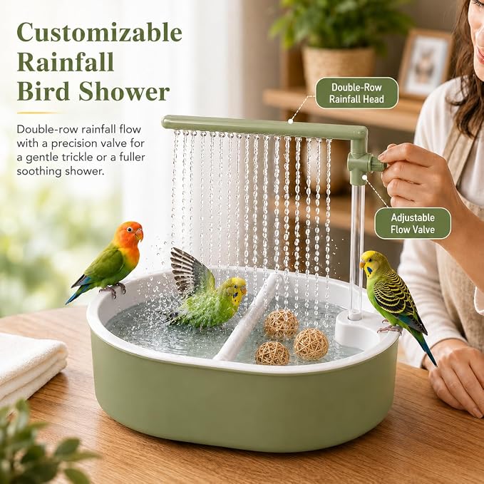 Bird Shower, Automatic Bird Bath for Cage, Light Green | Adjustable valve, hidden-cord pump, dual perches, 4 natural rattan balls, waterproof mat, indoor parakeet use