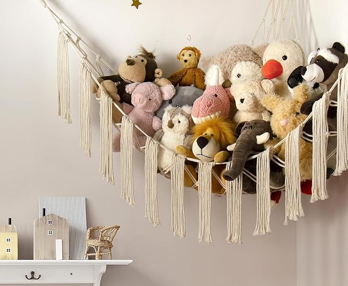 Stuffed Animal Hammock Corner Storage with LED Light - Toy Hammock Large Plushie Net - Stuffed Animal Holder Hanging Organizer - Teddy Bear Hammocks Room Decorations Preppy Toddler Kids Room Decor