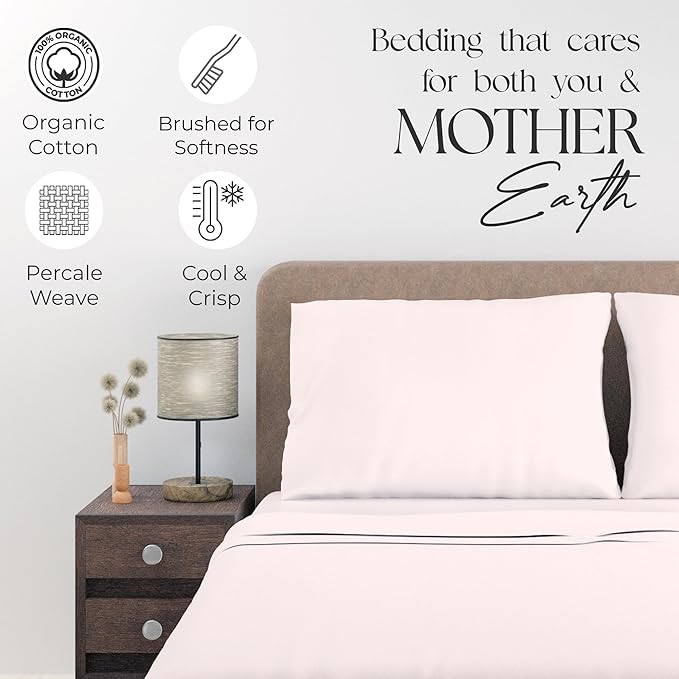 SUPREME ELEGANCE 100% Organic Cotton King Sheet Set – Crisp Percale, Lightweight & Breathable – Blush Bed Sheets, Deep Pocket up to 18” – Naturally Cooling, Soft, Eco-Friendly, All Season Comfort