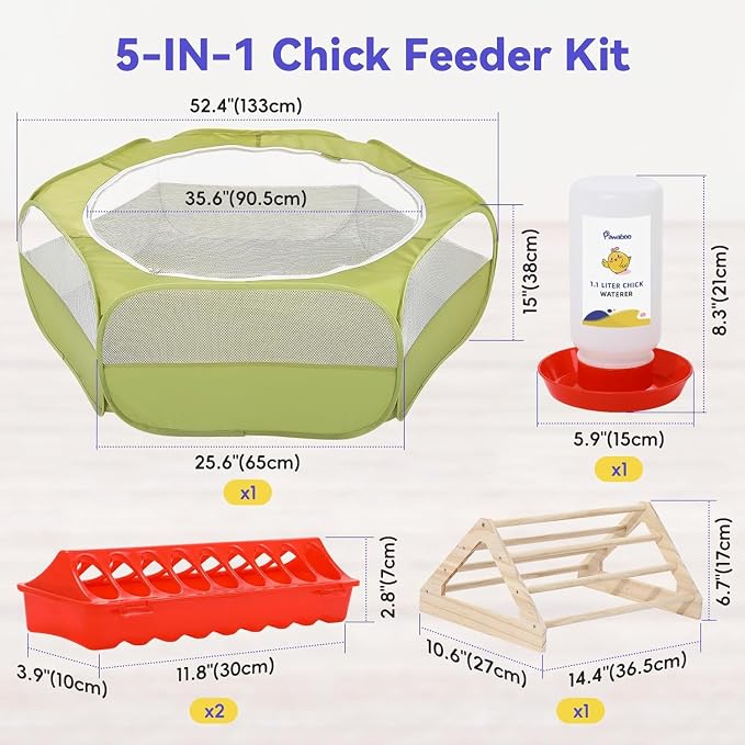 Pawaboo Chick Brooder Box for Chick Starter Kit, Green + Red + Wood Color | Brooder Pen/Chicken Supplies Brooders Box with Chicks Perch Brooding Up to 15 Chicks, Duck and Quail