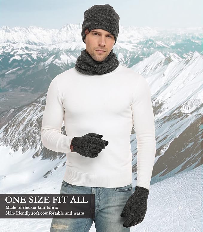 Winter Beanie Hat Scarf Touchscreen Gloves Set for Men and Women, Beanie Gloves Neck Warmer Set with Warm Knit Fleece Lined