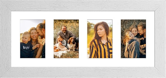 8x20 Picture Frame Display 4 opening 4X6 Picture Frame Collage,Multi Photo Frame with Mat,Plexiglass,Wall or Tabletop Decor,Distressed White Wood Grain