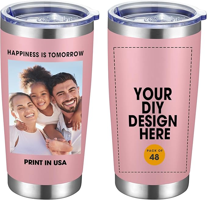 Personalized Custom Tumbler Print in USA 48 Pcs 20oz Stainless Steel Coffee Cup with Lid & Straw Double Wall Insulated Tumbler with Colorful Text Logo Photo
