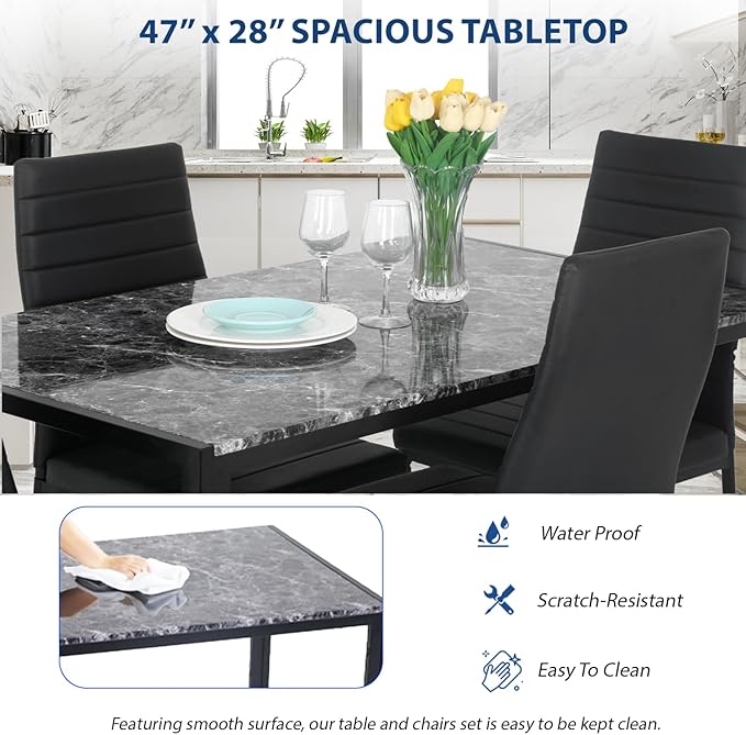 FDW Dining Table Set Dining Room Table Set for Small Spaces Kitchen Table and Chairs for 4 Table with Chairs Home Furniture Rectangular Modern (Black Marble)