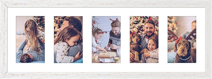 8x24 Collage frame with 5 Openings 4X6 Pictures, Multiple Picture Frame with Mat, Wall or Tabletop Decor, White Wood Grain (1 Pack)