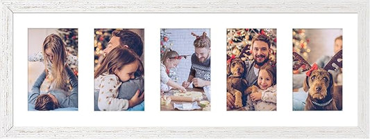 8x24 Collage frame with 5 Openings 4X6 Pictures, Multiple Picture Frame with Mat, Wall or Tabletop Decor, White Wood Grain (1 Pack)