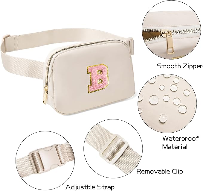 Gitus Belt Bag Fanny Pack Crossbody Bags with Initial Letter Patch Cute Stuff Birthday Gifts for Teenager Girls Trendy Preppy Stuff for Teen Girls(Beige-B)