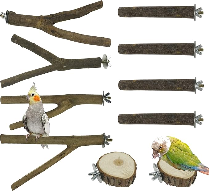 10 PCS Natural Wood Bird Perch Stand, Bird Parrot Perch Stand Set, Wooden Parrot Perch Stand Perch Platform Cage Accessories for Parrotlets Cockatiels Budgies Parakeets