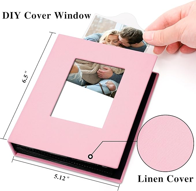 2 Pack Photo Album Holds 48 Pockets with Linen Cover and Customizable Window, Fits 4x6 Photos, Archival Black Pages, Pink