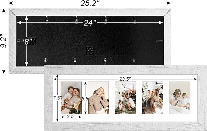 8x24 Picture Frame Display 5 opening 4X6 Picture Frame Collage,Multi Photo Frame with Mat,Plexiglass,Wall or Tabletop Decor,Distressed White Wood Grain