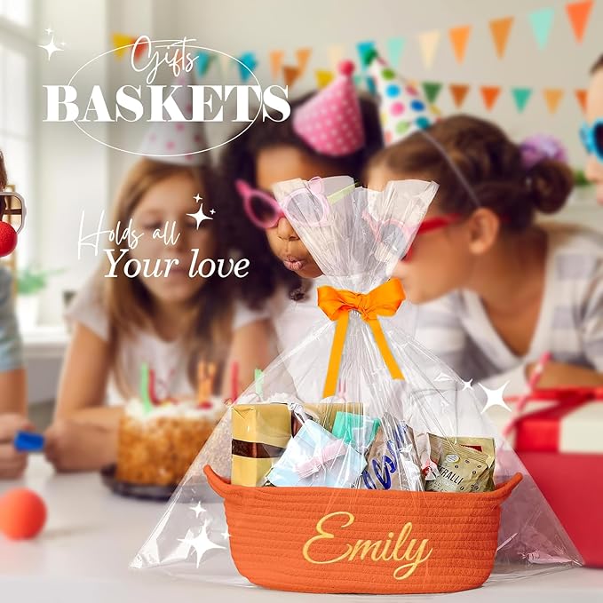 HUTARIO Personalized Woven Halloween Boo Basket Embroidered Name with Gift Bags and Ribbons,Empty Small Rope Basket，Durable Storage Custom Orange Basket with Handles for Baby Showers or Christmas