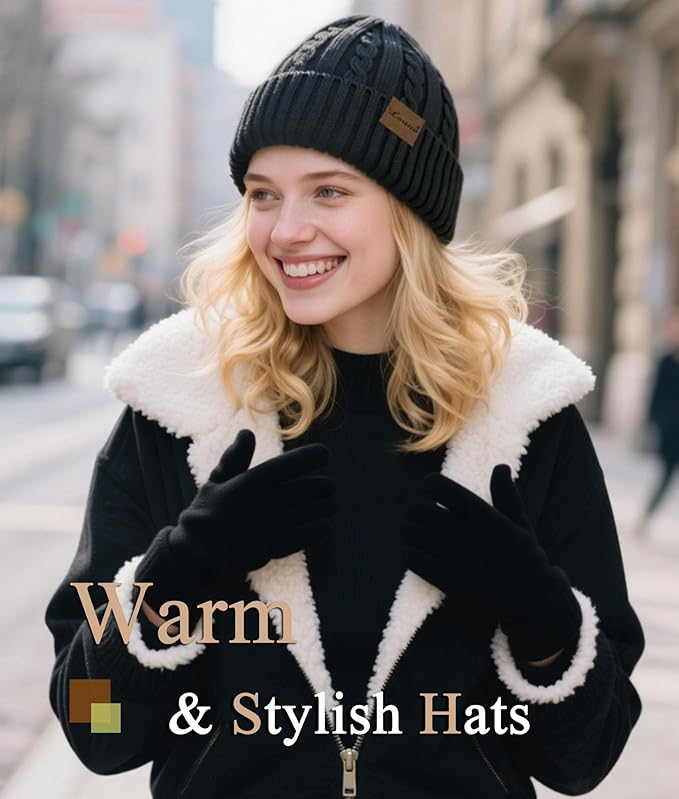 Loritta 3 Pieces Winter Hats for Women Scarf Touch Screen Gloves Set Thick Warm Fleece Lined Beanie Hat Gifts