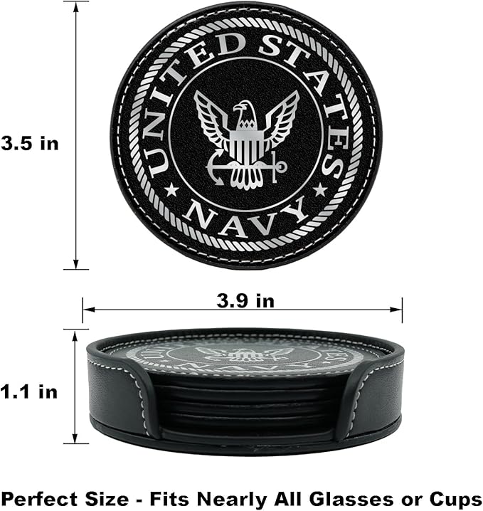 US Navy Leather Coaster Set - 4 Premium Coasters with Hot Stamped Foil Logo - Navy Gifts for Sailors | Disabled Vet Owned Business
