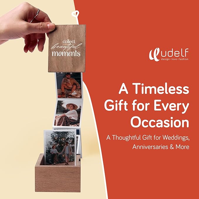 udelf Personalized Wooden Keepsake with Accordion Pull-Out | Custom Album for 14 Photos 3"x2"| Memory Storage for Birthdays, Weddings & Anniversaries (Vertical Moments)