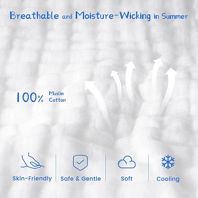 PHF 100% Muslin Cotton Baby Sleep Sacks, 12-18 Months Sleep Sack with 2-Way Zipper, 2 Pack Cooling Unisex 0.5 TOG Breathable Large Size Sleeveless Baby Wearable Blanket, White & Blue
