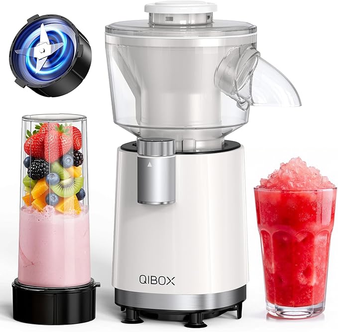 QIBOX Snow Cone Machine & Smoothie Blender 2 in 1, 700W Powerful Shaved Ice Machine Slushine Machine, Healthy Frozen Drink Maker with Stainless Steel Blade & Smoothie Recipe, for Home Kitchen Party