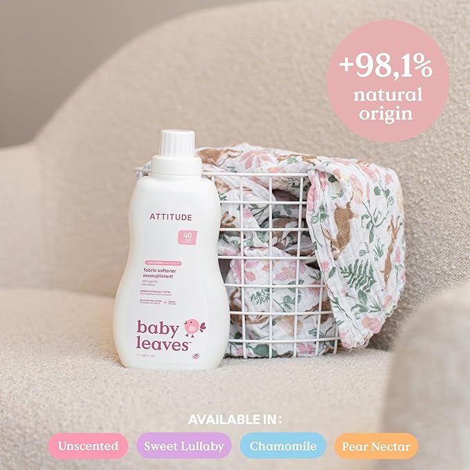 ATTITUDE Baby Fabric Softener, Plant and Mineral-Based Ingredients, HE Compatible, Vegan and Cruelty-free Laundry and Household Products, Pear Nectar, 40 Loads, 33.8 Fl Oz